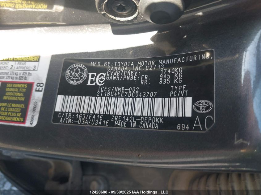 2013 Toyota Corolla Ce VIN: 2T1BU4EE7DC043707 Lot: 12420688