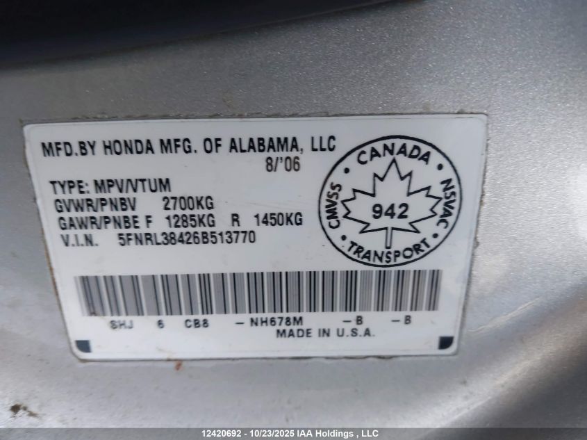 2006 Honda Odyssey Ex VIN: 5FNRL38426B513770 Lot: 12420692
