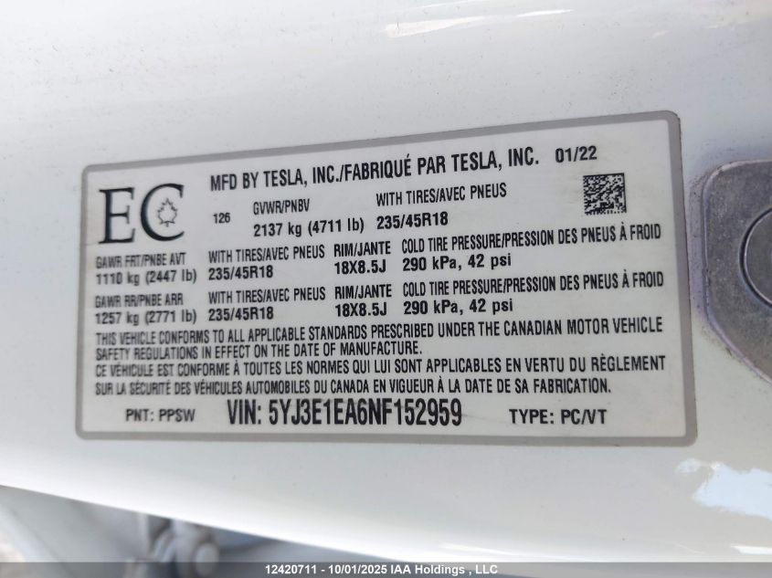 2022 Tesla Model 3 Rwd/Standard Range VIN: 5YJ3E1EA6NF152959 Lot: 12420711