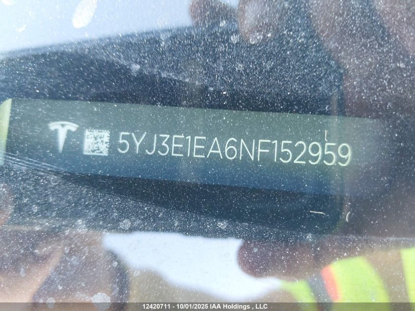 2022 Tesla Model 3 Rwd/Standard Range VIN: 5YJ3E1EA6NF152959 Lot: 12420711