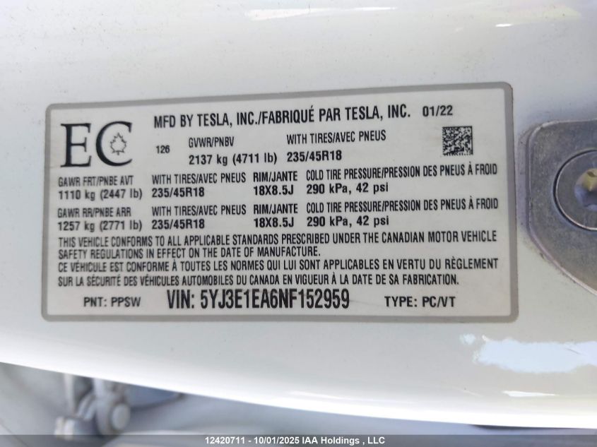 2022 Tesla Model 3 Rwd/Standard Range VIN: 5YJ3E1EA6NF152959 Lot: 12420711