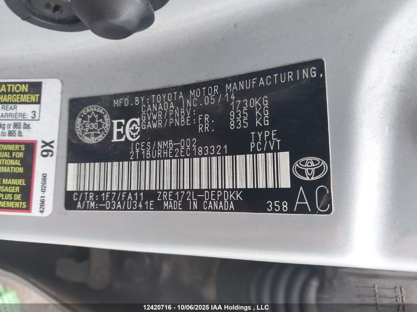 2014 Toyota Corolla L/Le/Le Pls/Prm/S/S Pls VIN: 2T1BURHE2EC183321 Lot: 12420716