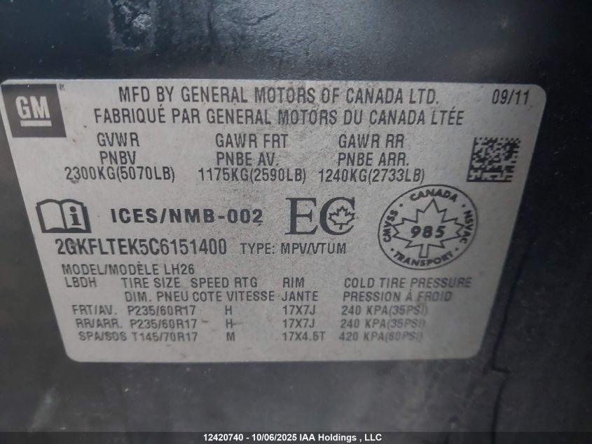 2012 GMC Terrain Sle VIN: 2GKFLTEK5C6151400 Lot: 12420740