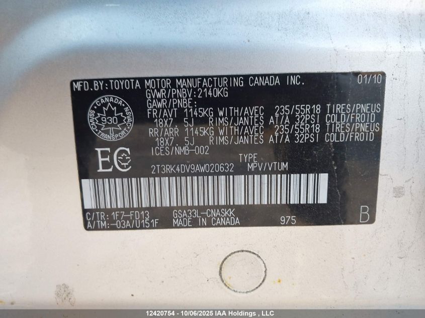 2010 Toyota Rav4 Sport V6 VIN: 2T3RK4DV9AW020632 Lot: 12420754