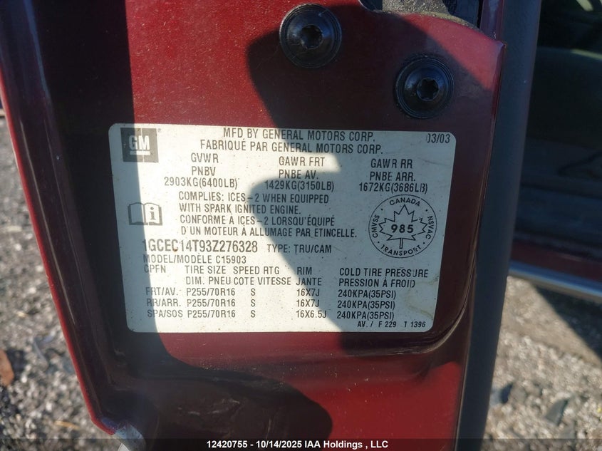 1GCEC14T93Z276328 2003 CHEVROLET SILVERADO photo no. 9