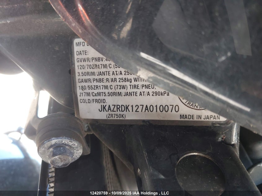 2007 Kawasaki Zr750 K VIN: JKAZRDK127A010070 Lot: 12420759