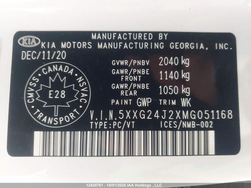 2021 Kia K5 VIN: 5XXG24J2XMG051168 Lot: 12420761