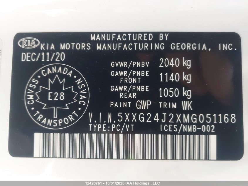 2021 Kia K5 VIN: 5XXG24J2XMG051168 Lot: 12420761