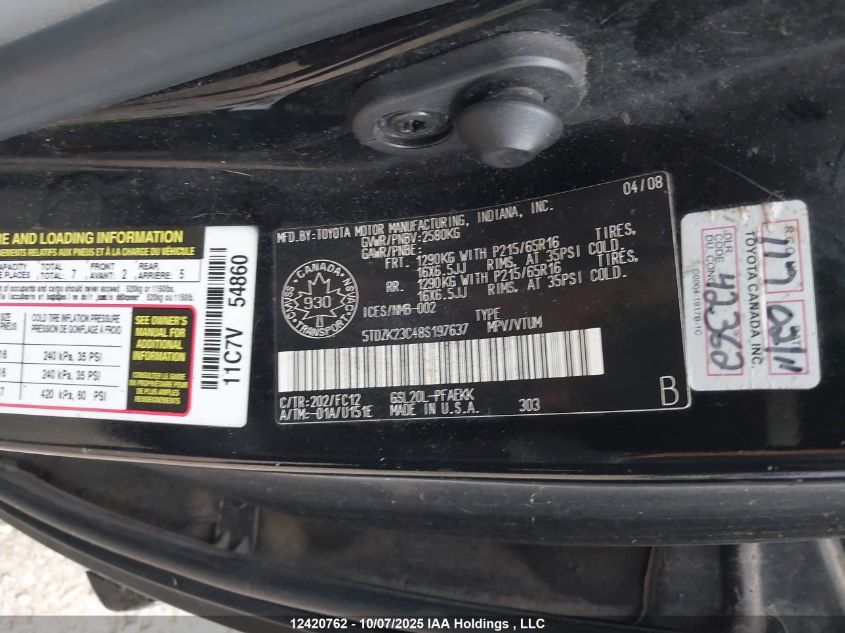 2008 Toyota Sienna Ce/Le VIN: 5TDZK23C48S197637 Lot: 12420762