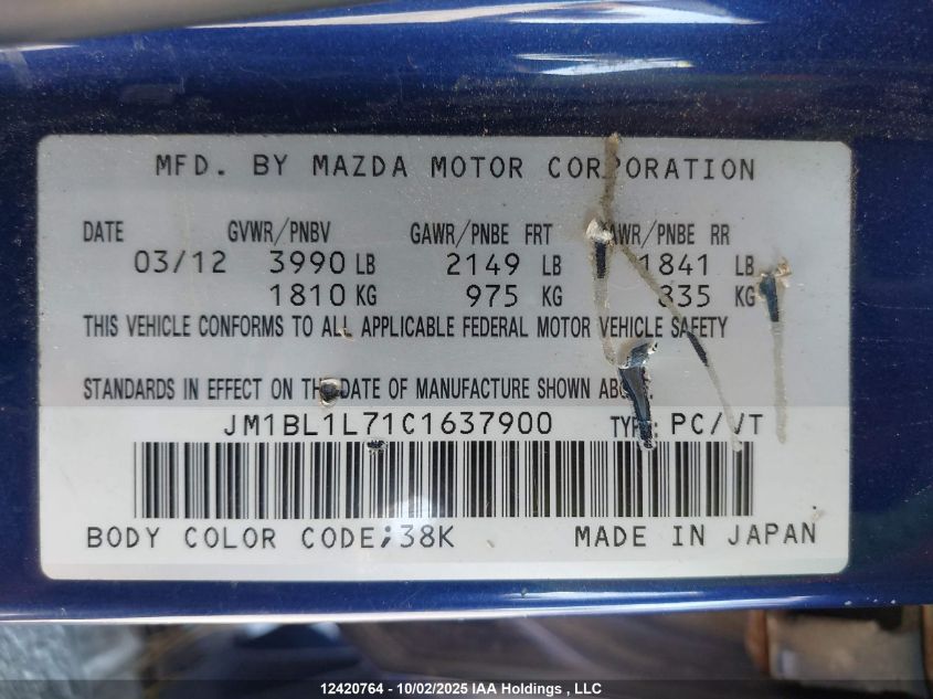 2012 Mazda 3 I VIN: JM1BL1L71C1637900 Lot: 12420764