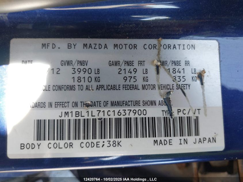 2012 Mazda 3 I VIN: JM1BL1L71C1637900 Lot: 12420764