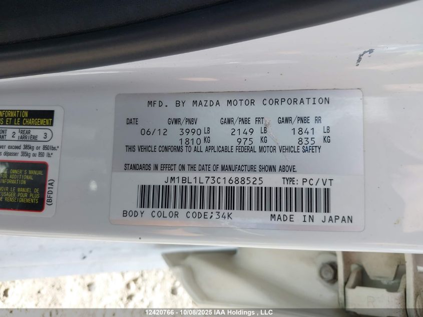 2012 Mazda Mazda3 VIN: JM1BL1L73C1688525 Lot: 12420766