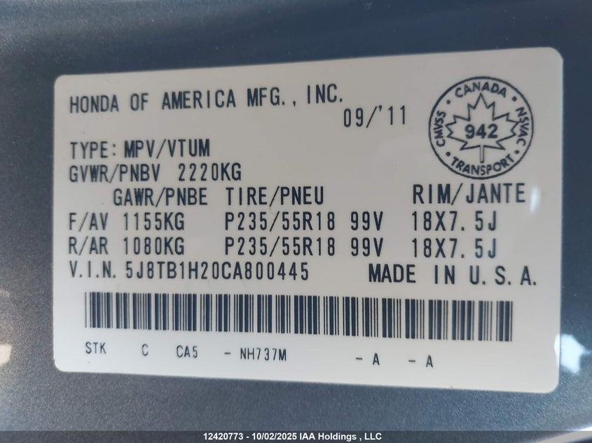 2012 Acura Rdx VIN: 5J8TB1H20CA800445 Lot: 12420773