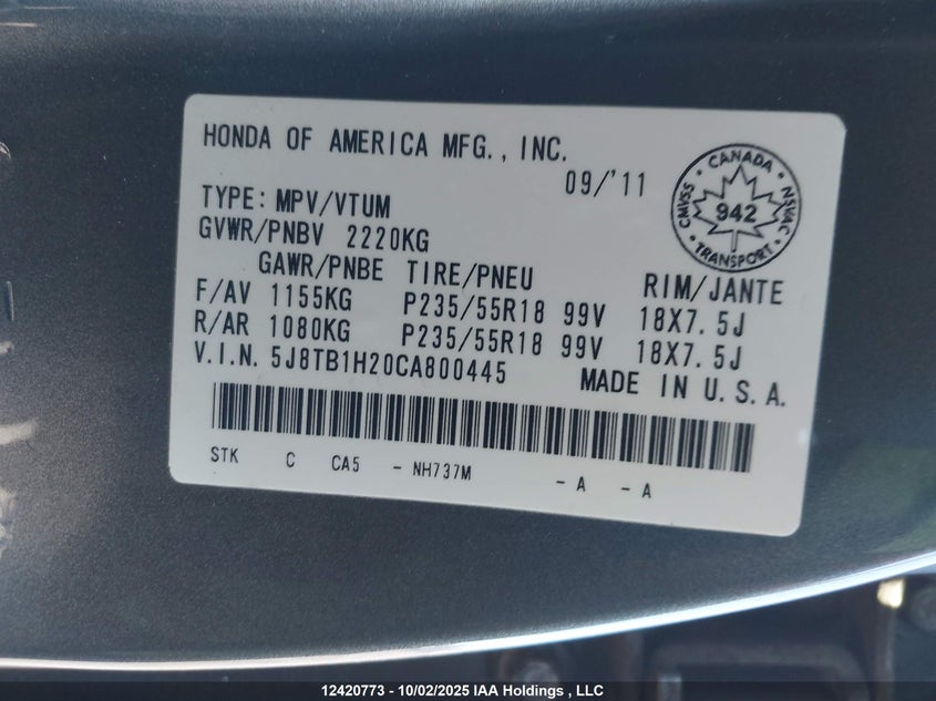 2012 Acura Rdx VIN: 5J8TB1H20CA800445 Lot: 12420773