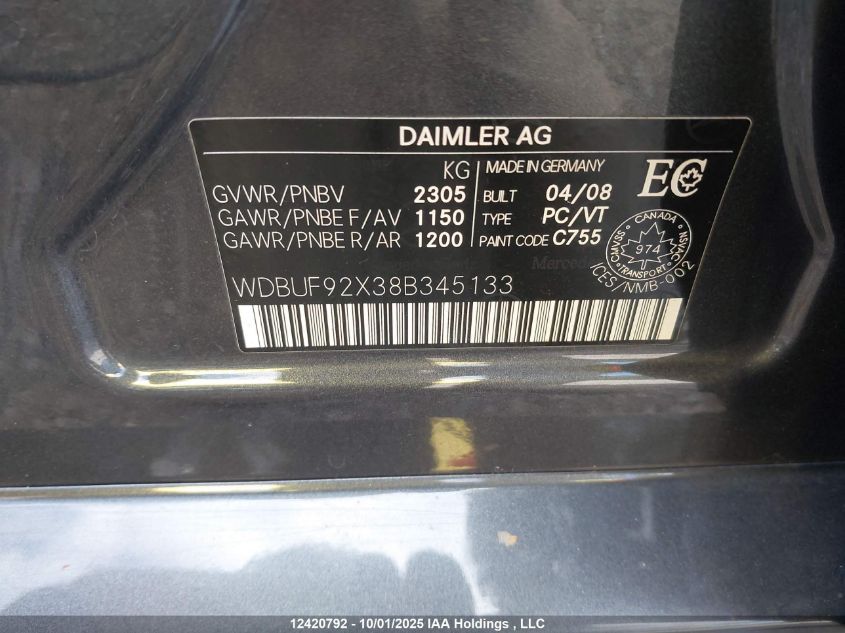 2008 Mercedes-Benz E 300 4Matic VIN: WDBUF92X38B345133 Lot: 12420792