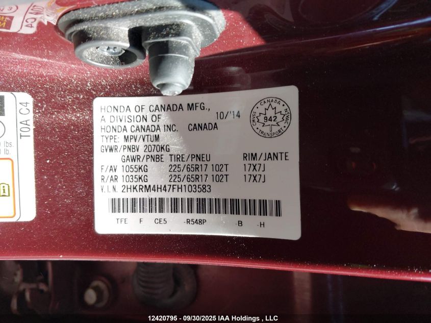 2015 Honda Cr-V Se VIN: 2HKRM4H47FH103583 Lot: 12420795