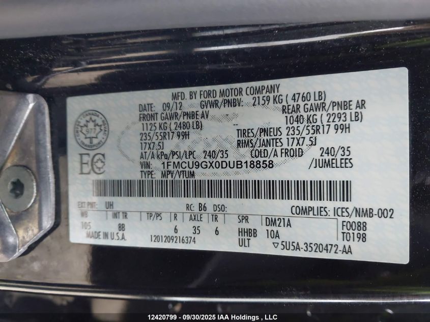 2013 Ford Escape Se VIN: 1FMCU9GX0DUB18858 Lot: 12420799