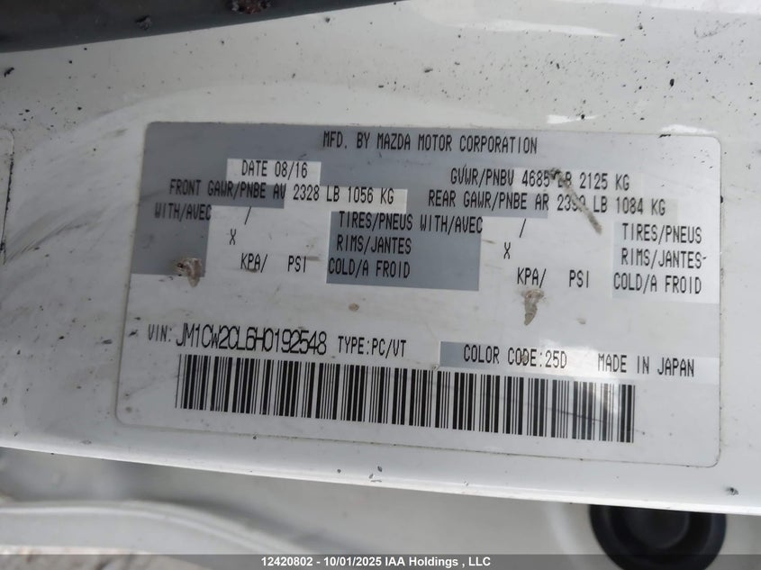 2017 Mazda 5 Touring VIN: JM1CW2CL6H0192548 Lot: 12420802