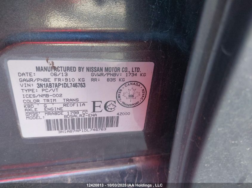 2013 Nissan Sentra VIN: 3N1AB7AP1DL746763 Lot: 12420813