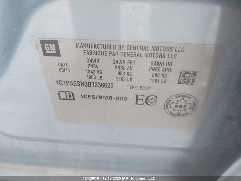 2011 Chevrolet Cruze Ls VIN: 1G1PA5SH3B7236625 Lot: 12420818