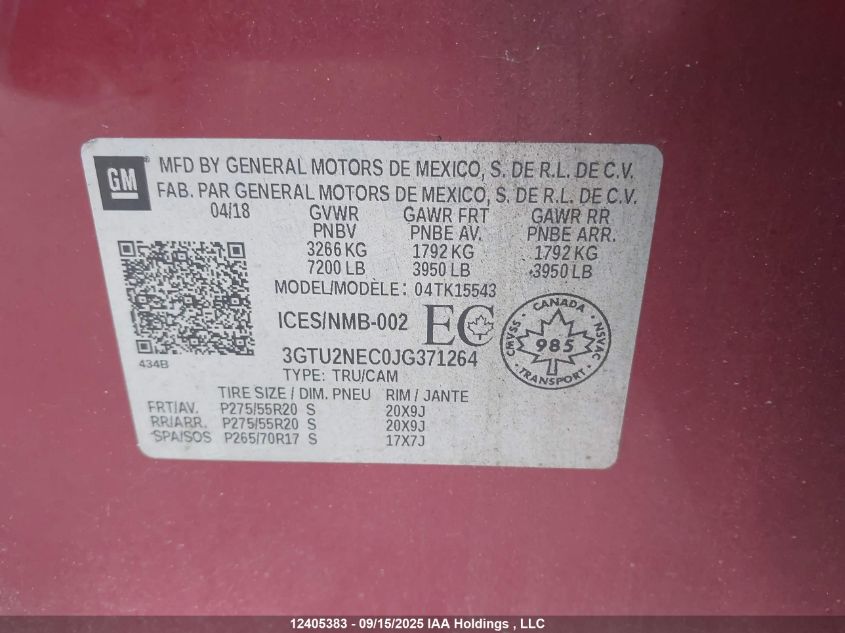 2018 GMC Sierra 1500 VIN: 3GTU2NEC0JG371264 Lot: 12405383X