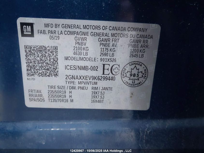2019 Chevrolet Equinox Premier VIN: 2GNAXXEV9K6299440 Lot: 12420867