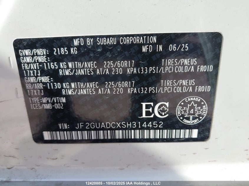 JF2GUADCXSH314452 2025 SUBARU XV photo no. 9