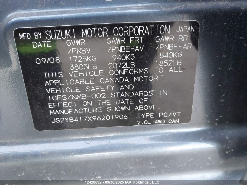 2009 Suzuki Sx4 Jlx VIN: JS2YB417X96201906 Lot: 12420892