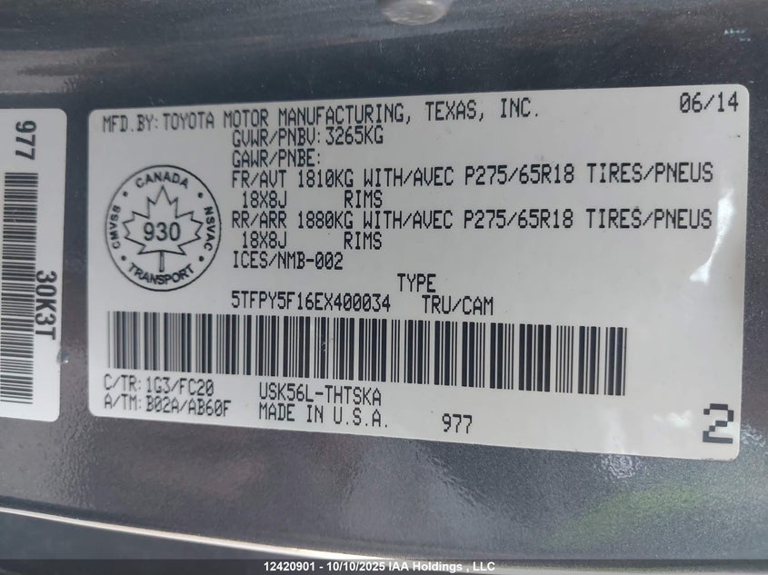 2014 Toyota Tundra Sr VIN: 5TFPY5F16EX400034 Lot: 12420901