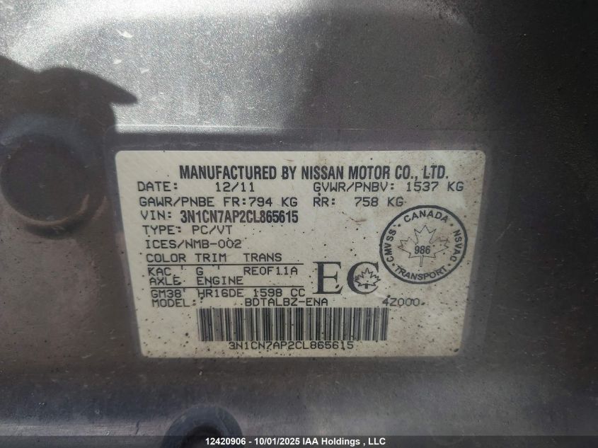 2012 Nissan Versa VIN: 3N1CN7AP2CL865615 Lot: 12420906