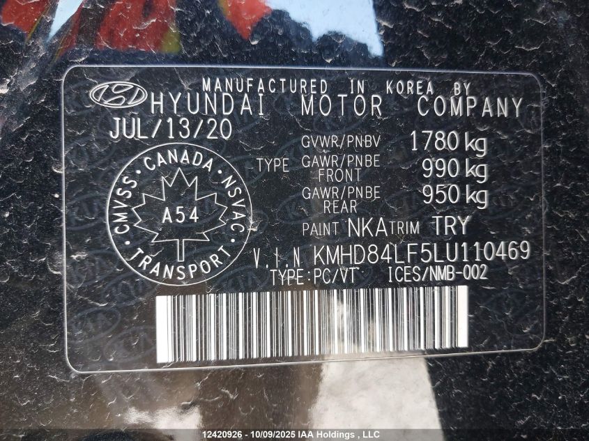 2020 Hyundai Elantra Luxury VIN: KMHD84LF5LU110469 Lot: 12420926