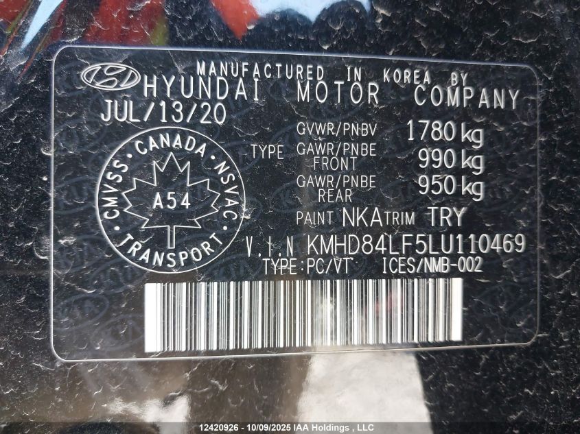 2020 Hyundai Elantra Luxury VIN: KMHD84LF5LU110469 Lot: 12420926