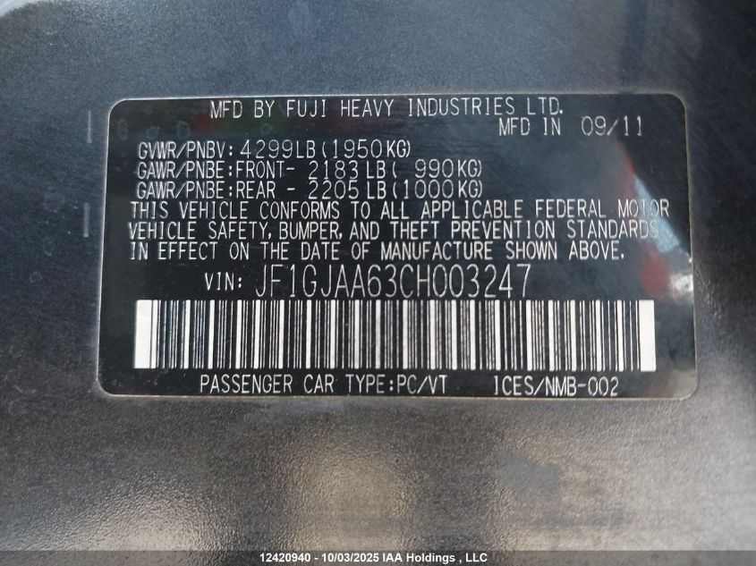 2012 Subaru Impreza 2.0I VIN: JF1GJAA63CH003247 Lot: 12420940