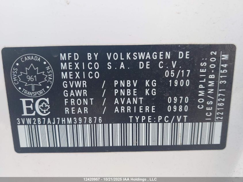 2017 Volkswagen Jetta 1.4 Tsi Trendline+ VIN: 3VW2B7AJ7HM397876 Lot: 12420957