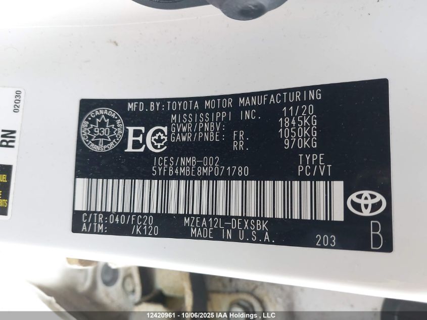 2021 Toyota Corolla Se VIN: 5YFB4MBE8MP071780 Lot: 12420961