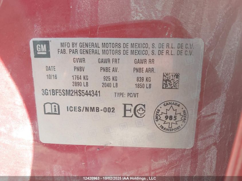 2017 Chevrolet Cruze VIN: 3G1BF5SM2HS544341 Lot: 12420963