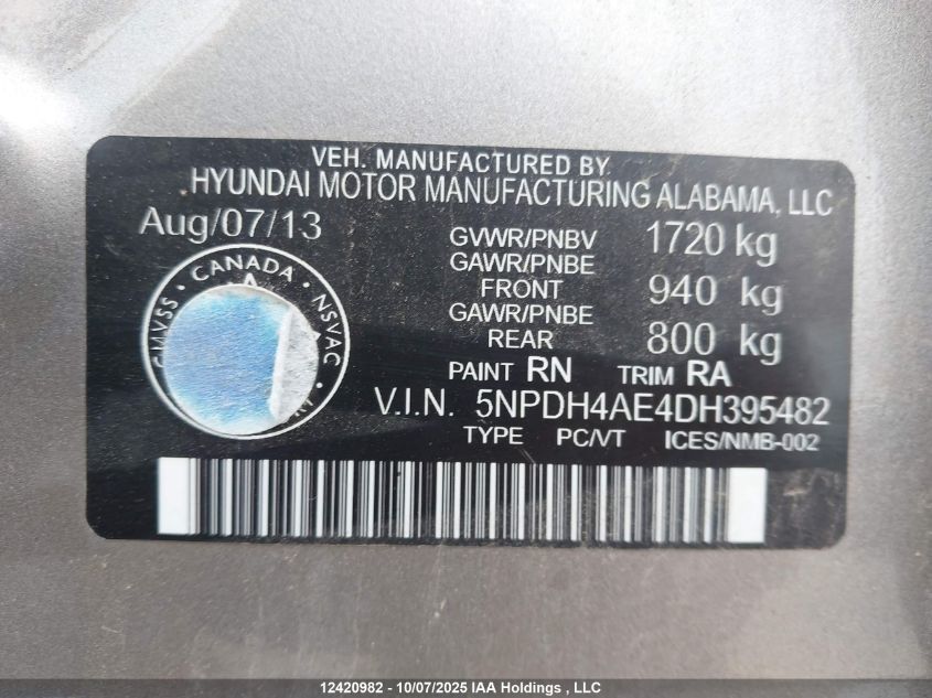 2013 Hyundai Elantra Gls/Limited VIN: 5NPDH4AE4DH395482 Lot: 12420982