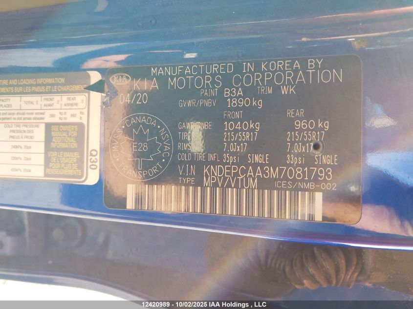 2021 Kia Seltos Lx VIN: KNDEPCAA3M7081793 Lot: 12420989
