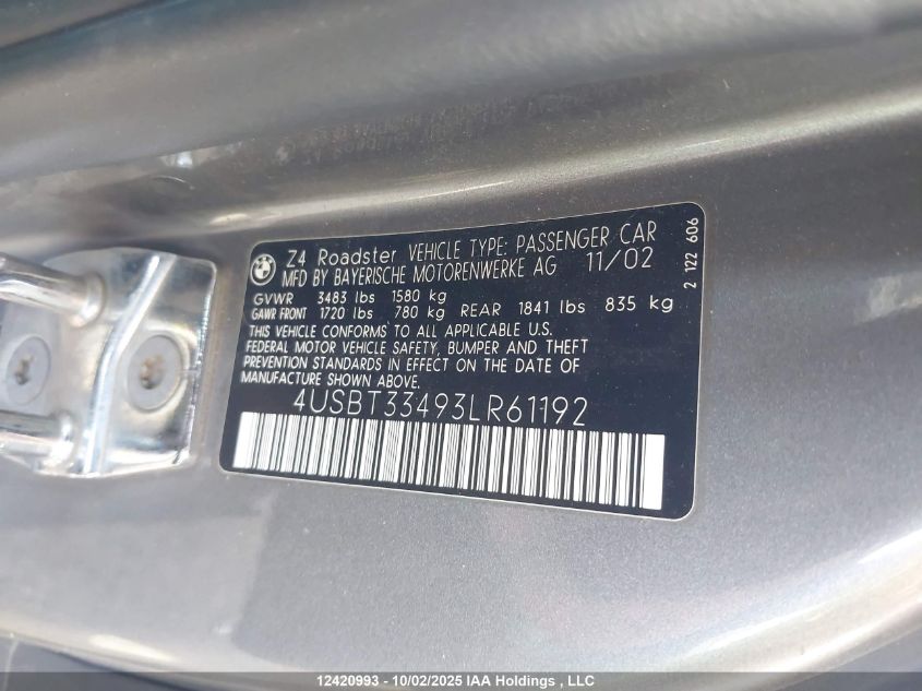 2003 BMW Z4 2.5 VIN: 4USBT33493LR61192 Lot: 12420993