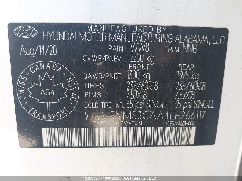 2020 Hyundai Santa Fe Sel/Sel Plus VIN: 5NMS3CAA4LH266117 Lot: 12420996
