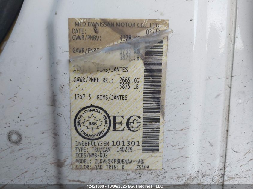 2014 Nissan Nv Cargo Nv2500 Hd Sv V6 VIN: 1N6BF0LY2EN101301 Lot: 12421000