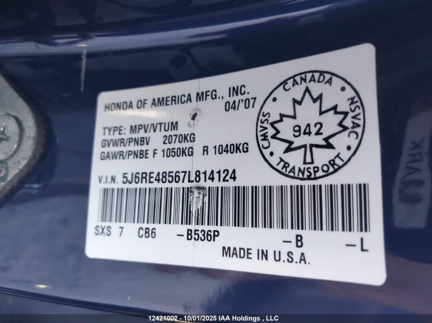 2007 Honda Cr-V VIN: 5J6RE48567L814124 Lot: 12421002