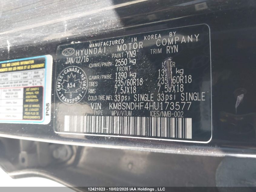 2017 Hyundai Santa Fe Xl Luxury VIN: KM8SNDHF4HU173577 Lot: 12421023
