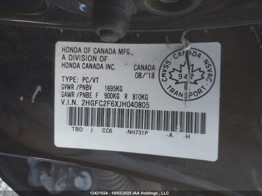 2018 Honda Civic Lx VIN: 2HGFC2F6XJH040805 Lot: 12421024