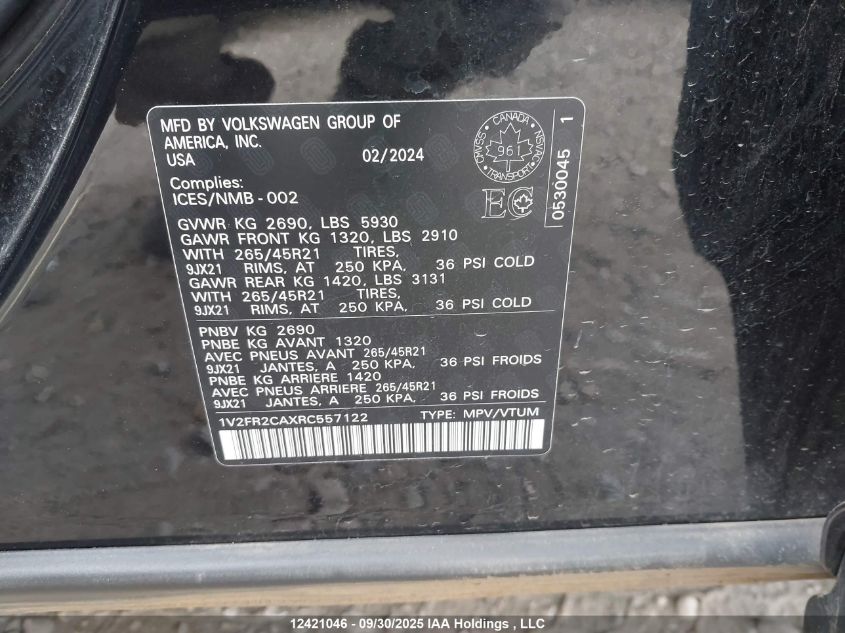 2024 Volkswagen Atlas Sel Premium R-Line VIN: 1V2FR2CAXRC557122 Lot: 12421046