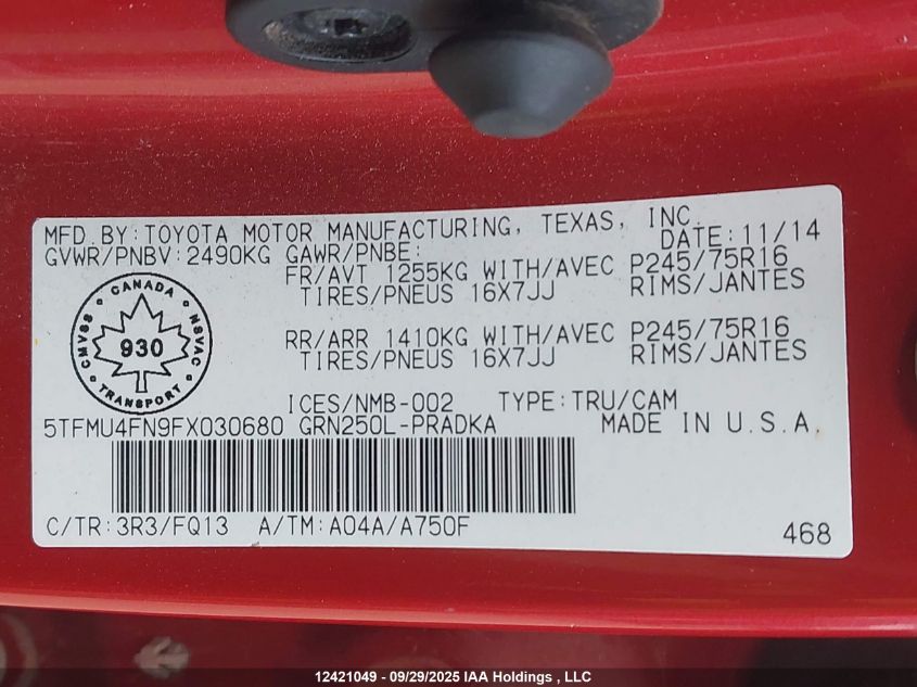 2015 Toyota Tacoma Double Cab Long Bed VIN: 5TFMU4FN9FX030680 Lot: 12421049