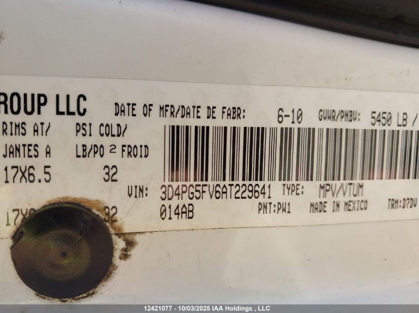 2010 Dodge Journey Sxt VIN: 3D4PG5FV6AT229641 Lot: 12421077