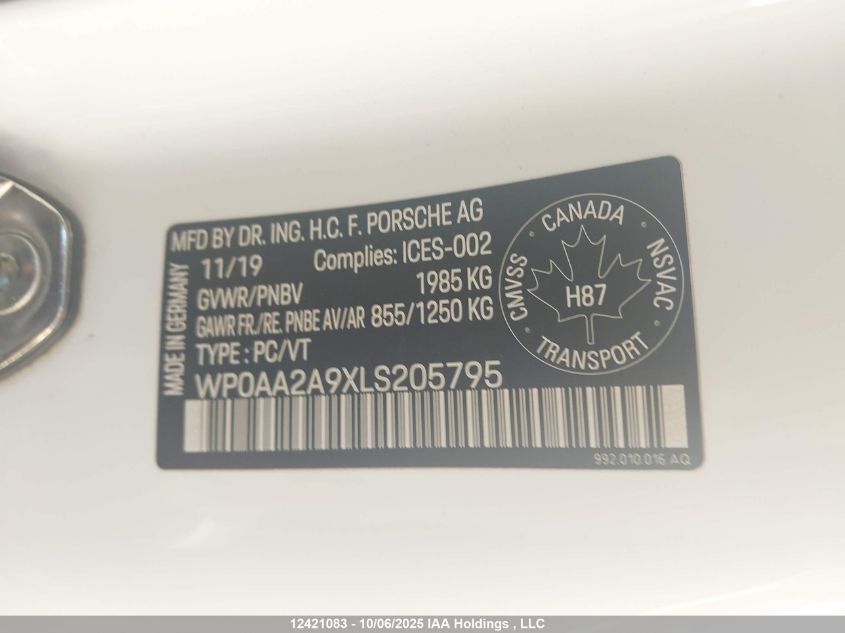 2020 Porsche 911 Carrera/Carrera 4 VIN: WP0AA2A9XLS205795 Lot: 12421083