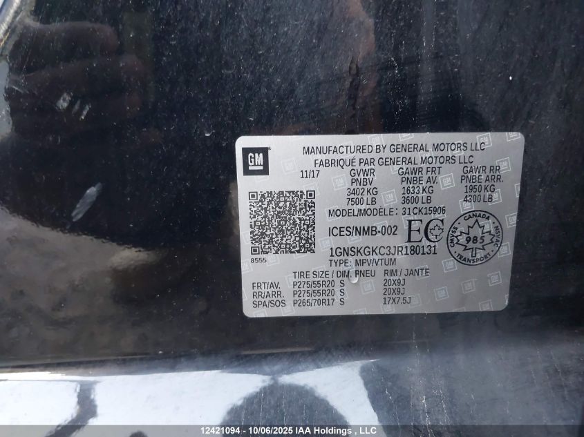 2018 Chevrolet Suburban Ls VIN: 1GNSKGKC3JR180131 Lot: 12421094
