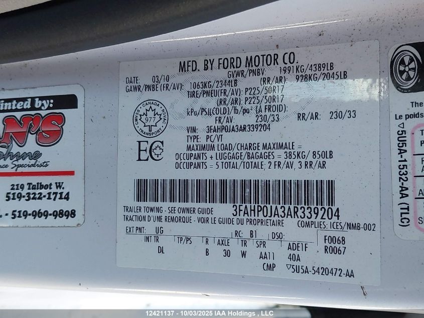 2010 Ford Fusion VIN: 3FAHP0JA3AR339204 Lot: 12421137